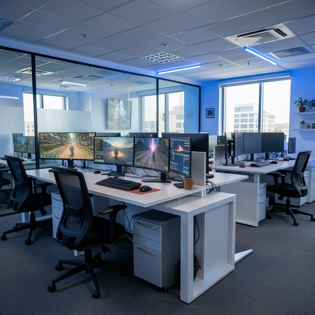 AviaMania Mumbai office interior in Andheri West showing open-plan developer workspace with monitors displaying game interfaces and blue ambient lighting