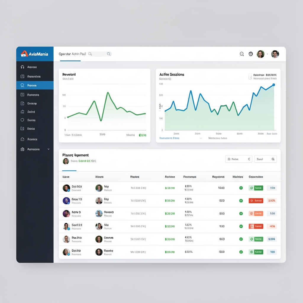AviaMania operator admin panel dashboard with revenue charts, active sessions graph, and player management table on a light grey background