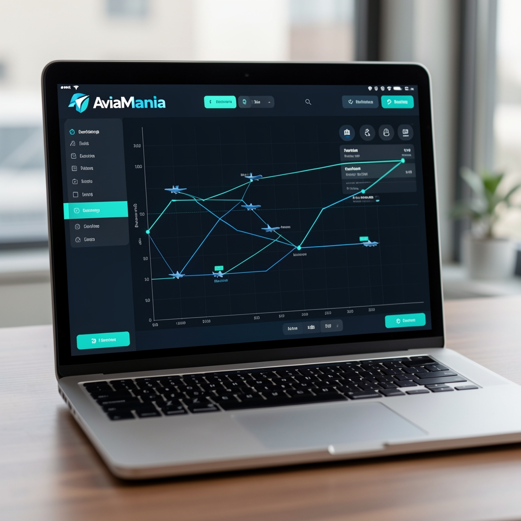 AviaMania game dashboard on a laptop screen showing real-time flight path visualisation with blue and teal UI on a dark background