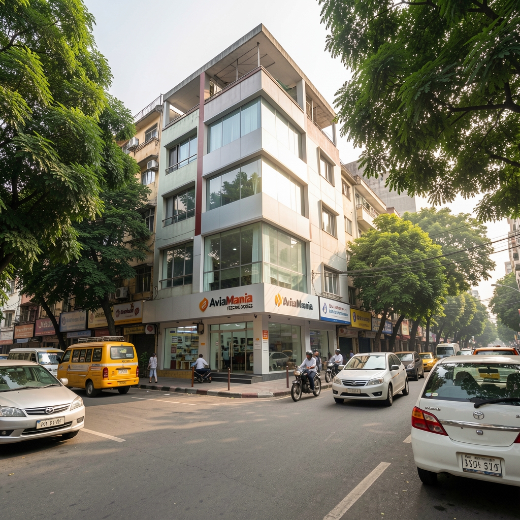 Street-level view of SV Road in Andheri West Mumbai showing the commercial building where AviaMania Technologies office is located, with street trees and city traffic