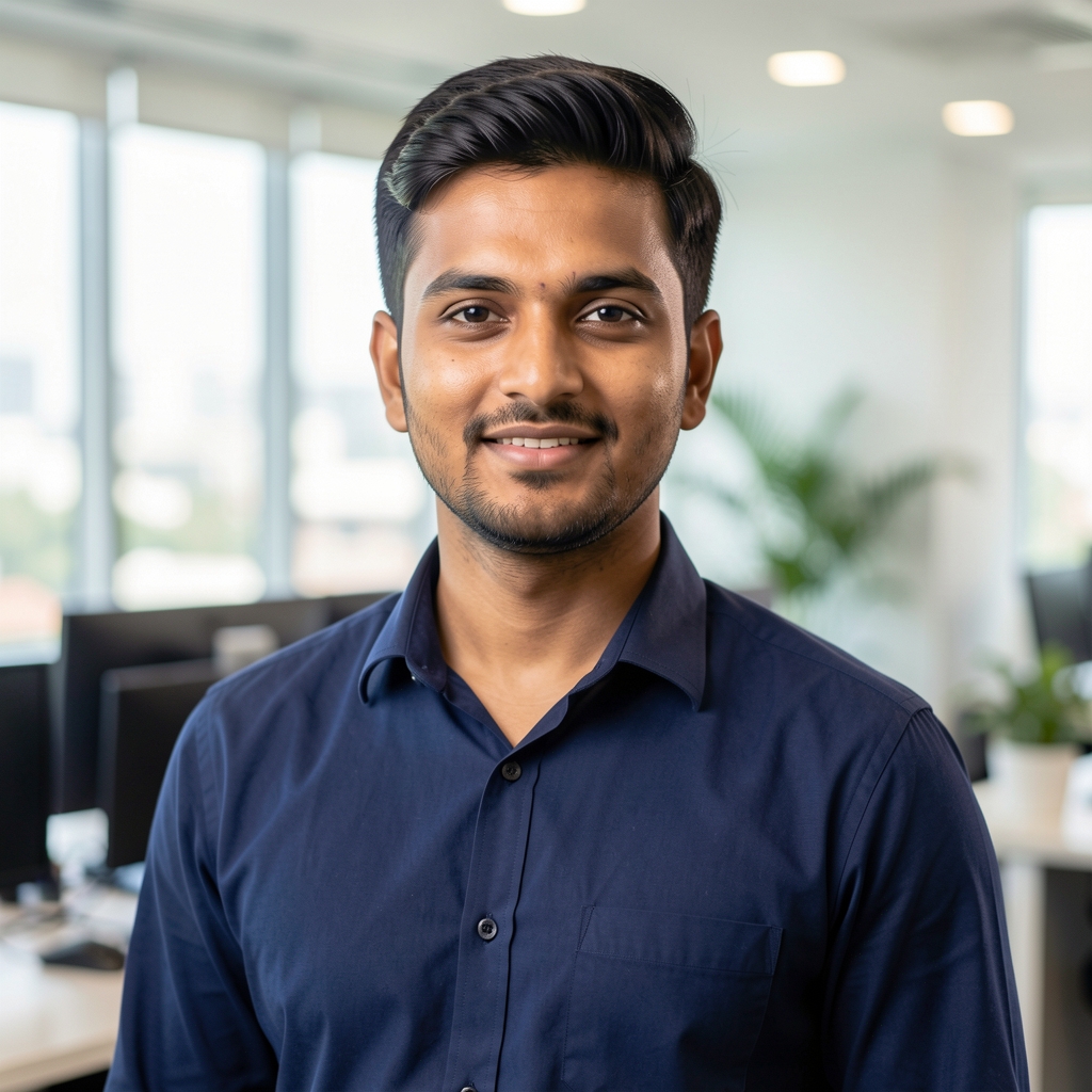 Arjun Nair, AviaMania CEO, mid-thirties Indian man in a smart casual navy shirt in a bright Mumbai office, confident professional portrait