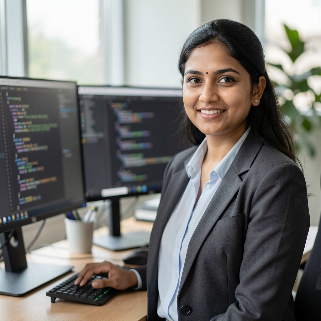 Priya Desai, AviaMania CTO, Indian woman in her early thirties at a standing desk with dual monitors showing code, professional tech workspace setting