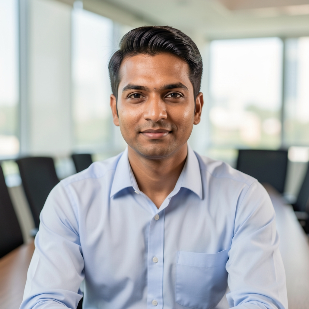Sameer Kulkarni, AviaMania Head of Business Development, Indian man in his forties in a formal shirt at a conference room table, business professional setting